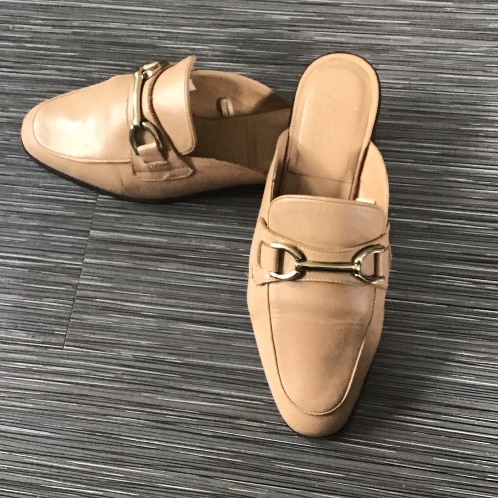 Zara Beige Leather Slip-On Mule with Gold Hardware